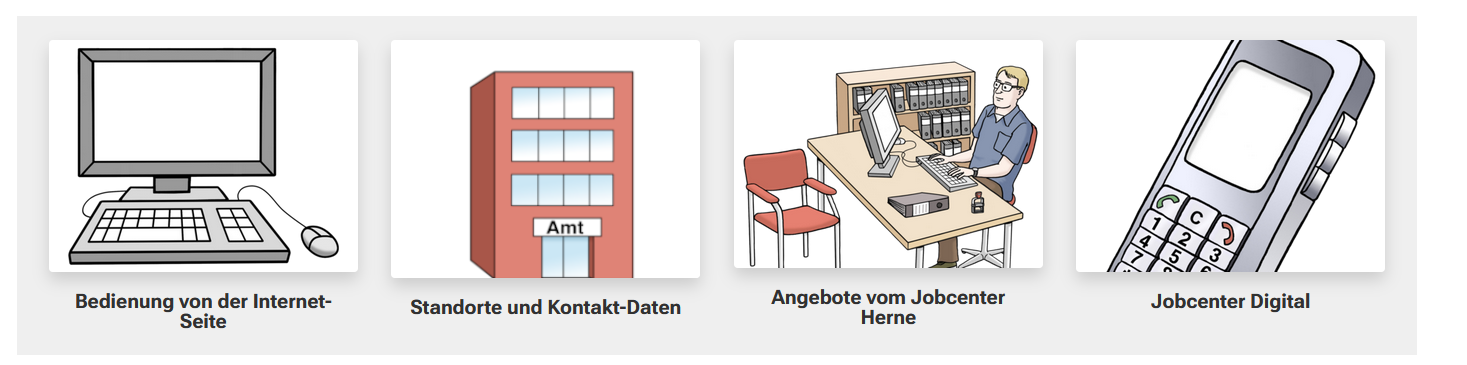 Bild von einem grauen Kasten mit vier weiteren quadratischen Bildern. Beginnend von links eine Karte mit der Unterschrift Kontakt, zwei Personen an einem runden Tisch mit der Unterschrift Angebote vom Jobcenter Herne, einem Mobiltelefon mit der Unterschrift Jobcenter Digital und einem Computer mit der Unterschrift Bedienung von der Internet-Seite