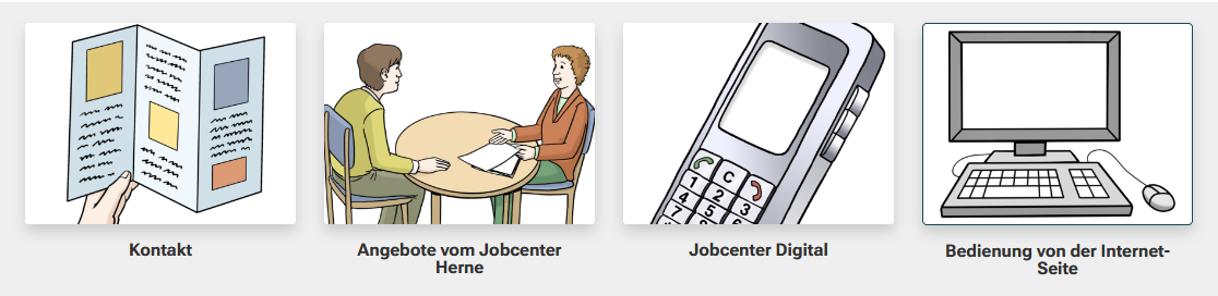 Bild von einem grauen Kasten mit vier weiteren quadratischen Bildern. Beginnend von links eine Karte mit der Unterschrift Kontakt, zwei Personen an einem runden Tisch mit der Unterschrift Angebote vom Jobcenter Herne, einem Mobiltelefon mit der Unterschrift Jobcenter Digital und einem Computer mit der Unterschrift Bedienung von der Internet-Seite