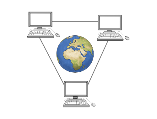 Eine Zeichnung von einer Welt-Kugel und 3 Computern. Die Computer sind durch Linien miteinander verbunden. Sie sind ein Symbol für das Internet.