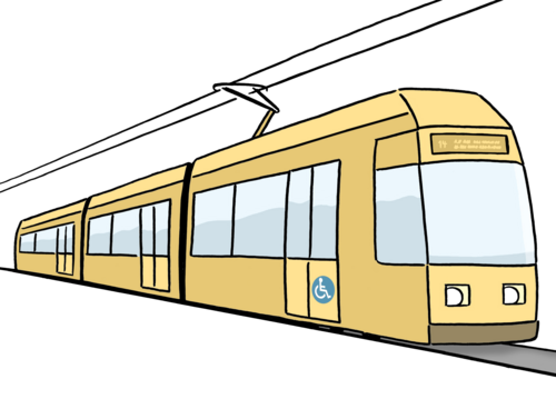 Eine Zeichnung von einer gelben Straßen-Bahn