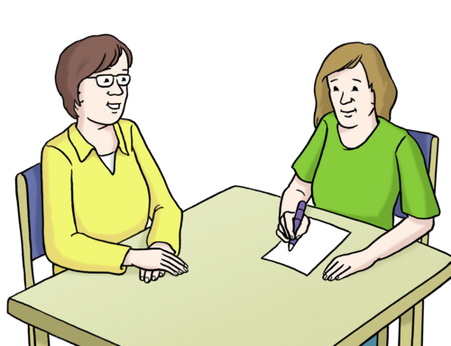 Eine Zeichnung von einer Nachhilfe-Lehrerin und einer Schülerin. Die 2 Personen sitzen zusammen am Tisch. Die Schülerin schreibt etwas auf ein Blatt Papier. Die Nachhilfe-Lehrerin erklärt etwas.