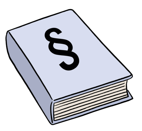 Eine Zeichnung von einem Buch. Auf dem Umschlag ist das Paragrafen-Zeichen. Das Paragrafen-Zeichen ist ein Symbol für Gesetze.