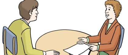 Eine Zeichnung mit 2 Personen im Beratungs- Gespräch. Die beiden Personen sitzen zusammen an einem runden Tisch.