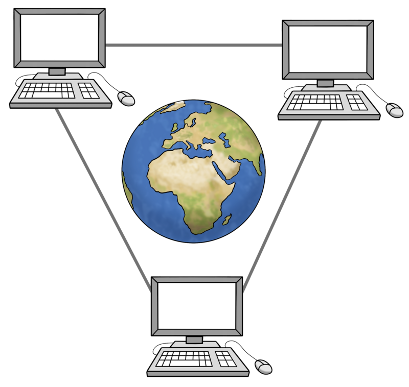 Eine Zeichnung von einer Welt-Kugel und 3 Computern. Die Computer sind mit Linien verbunden.
