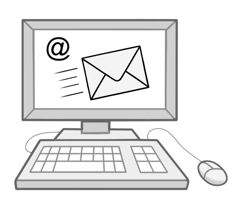 Eine Zeichnung von einem Bildschirm und einer Tastatur. Auf dem Bildschirm ist das Symbol für E-Mails.