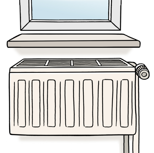 Eine Zeichnung von einem Heiz-Körper unter einem Fenster